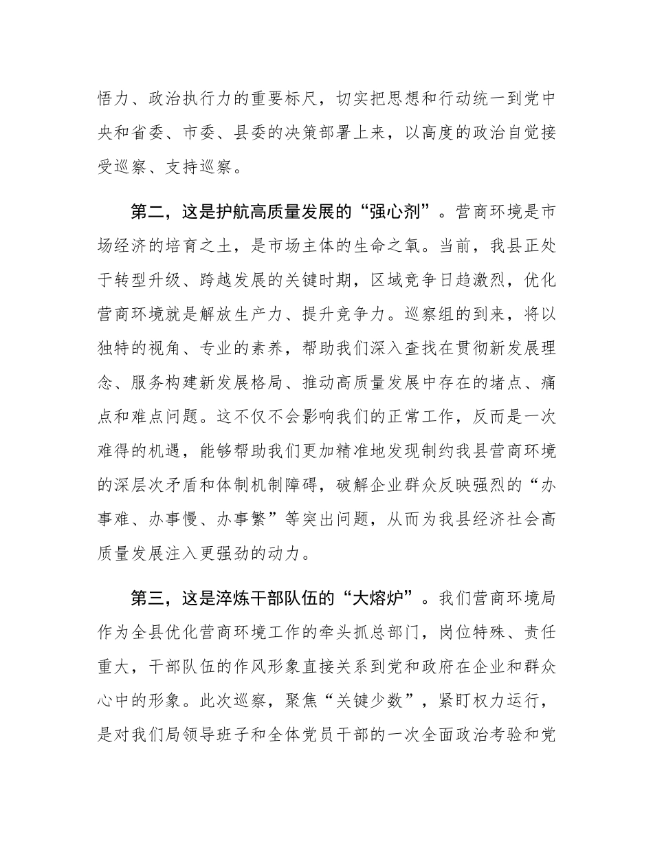 在2025年县委巡察组巡察县营商环境建设监督局党组工作动员会议上的表态发言.docx_第3页