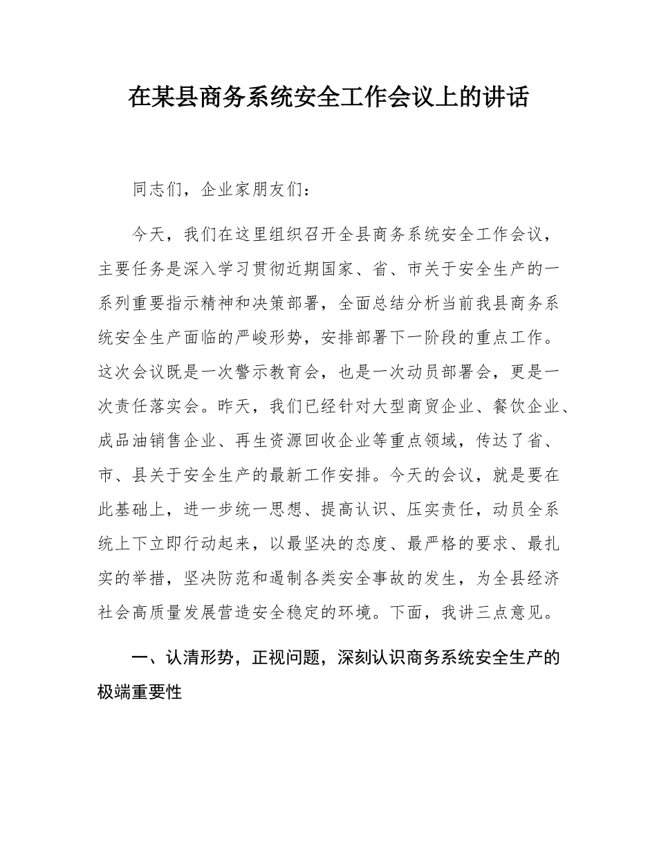 在某县商务系统安全工作会议上的讲话.docx_第1页