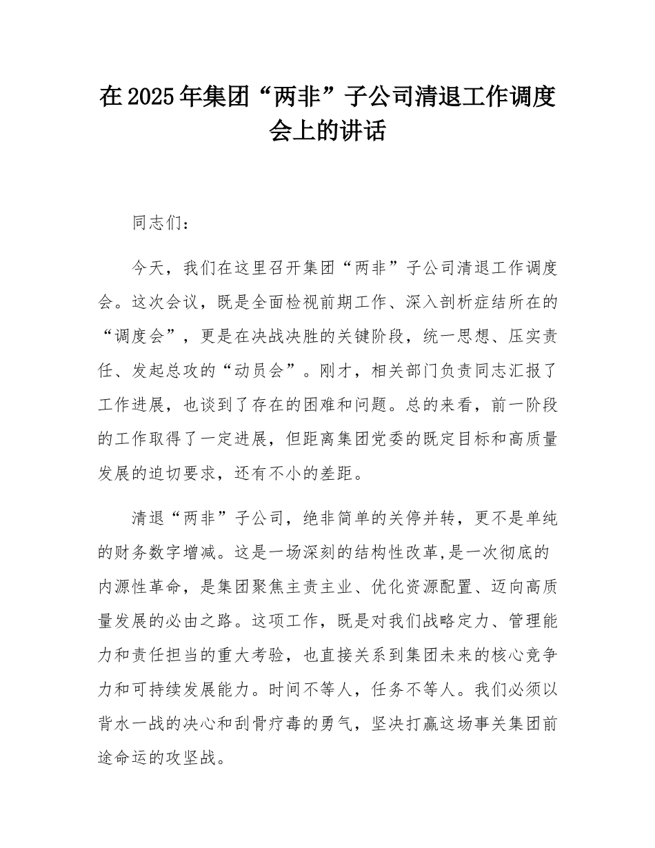 在2025年集团“两非”子公司清退工作调度会上的讲话.docx_第1页