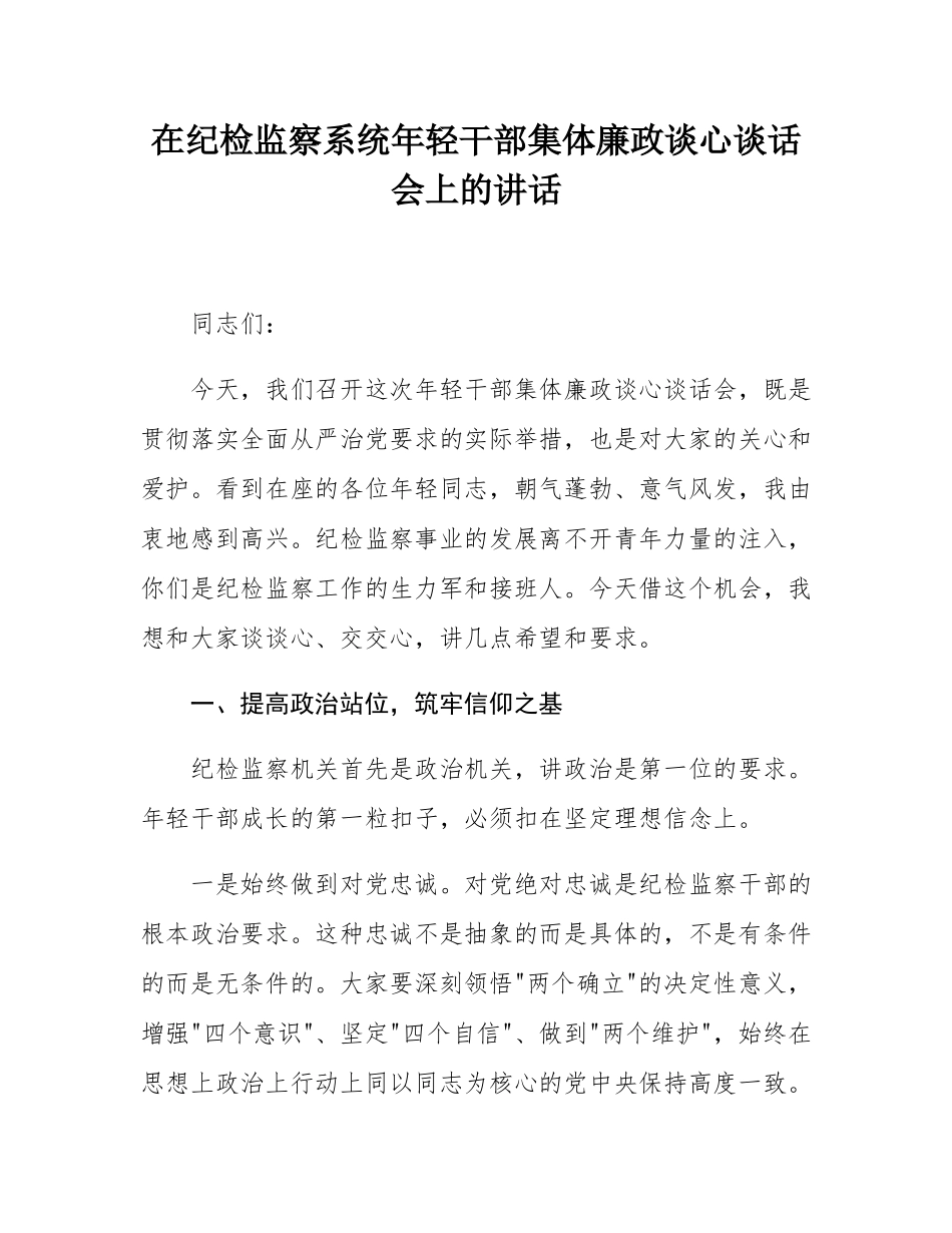 在纪检监察系统年轻干部集体廉政谈心谈话会上的讲话.docx_第1页