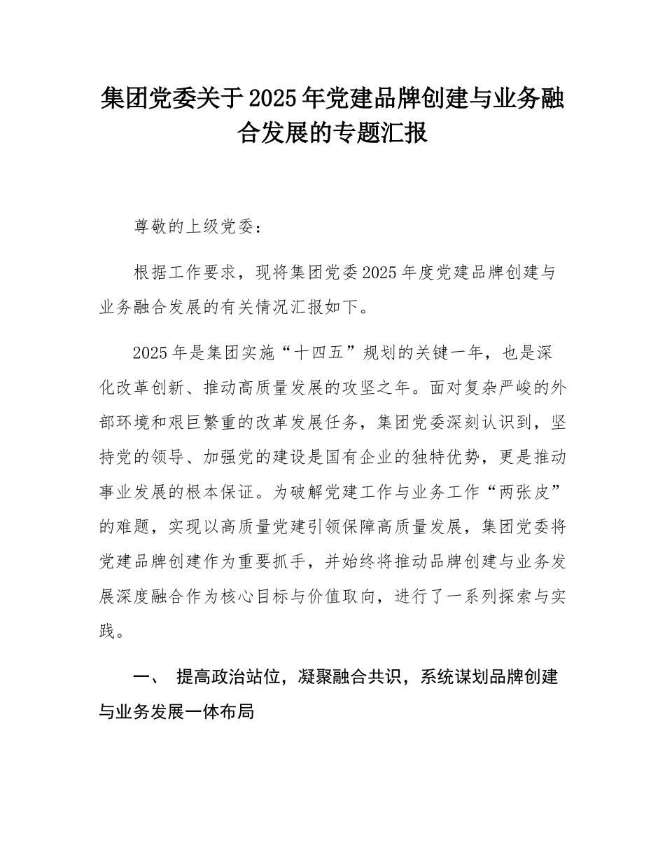 集团党委关于2025年党建品牌创建与业务融合发展的专题汇报.docx_第1页