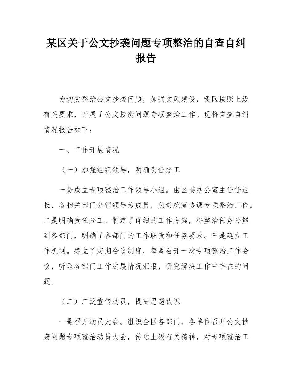 某区关于公文抄袭问题专项整治的自查自纠报告.docx_第1页