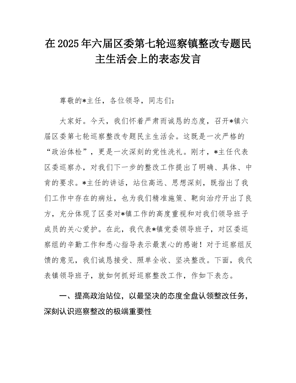 在2025年六届区委第七轮巡察镇整改专题民主SH会上的表态发言.docx_第1页