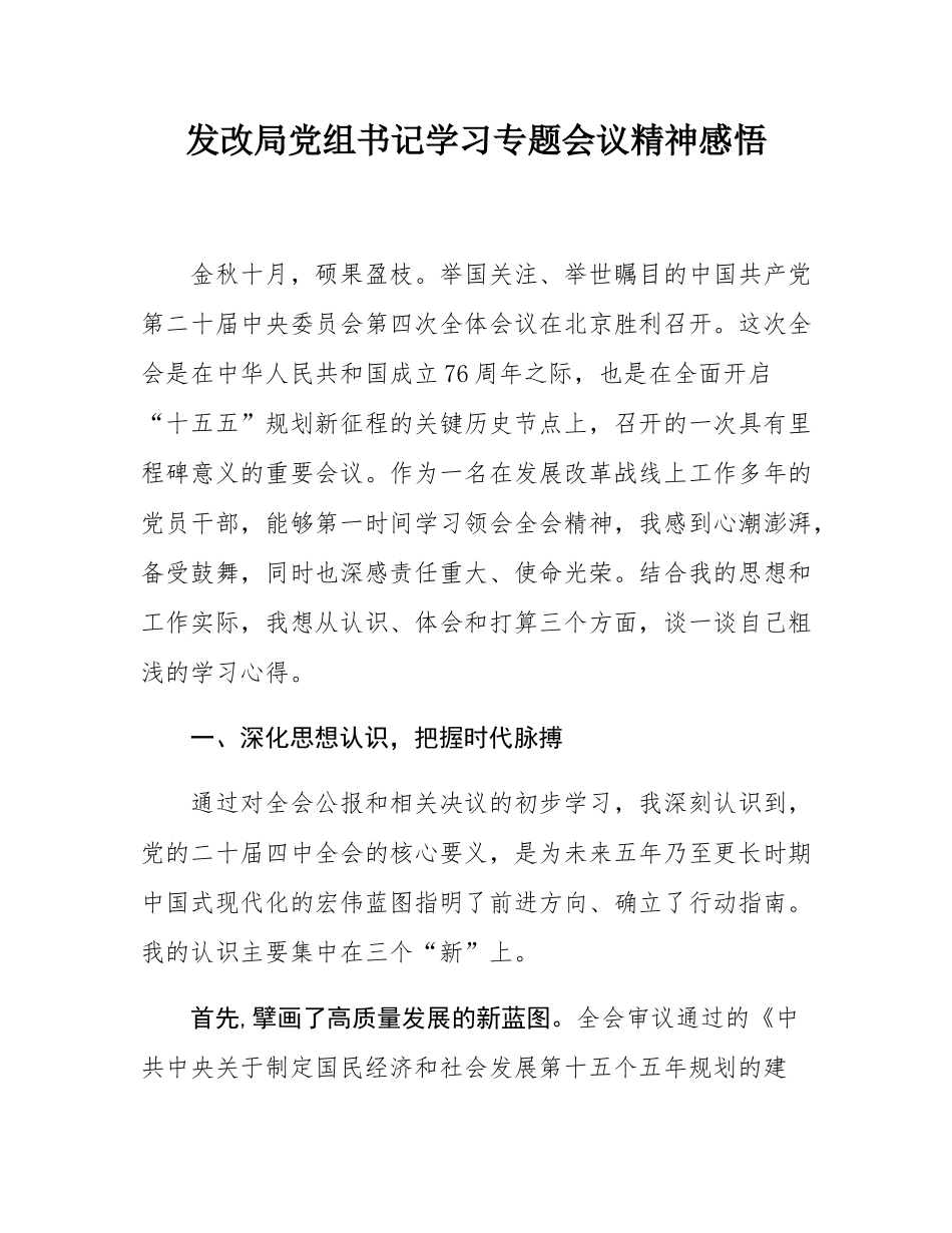 发改局党组书记学习专题会议精神感悟.docx_第1页