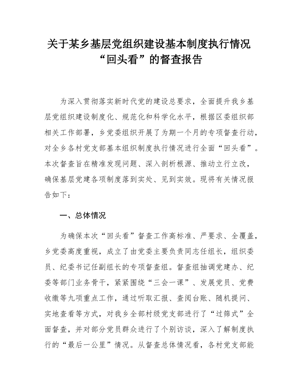 关于某乡基层党组织建设基本制度执行情况“回头看”的督查报告.docx_第1页