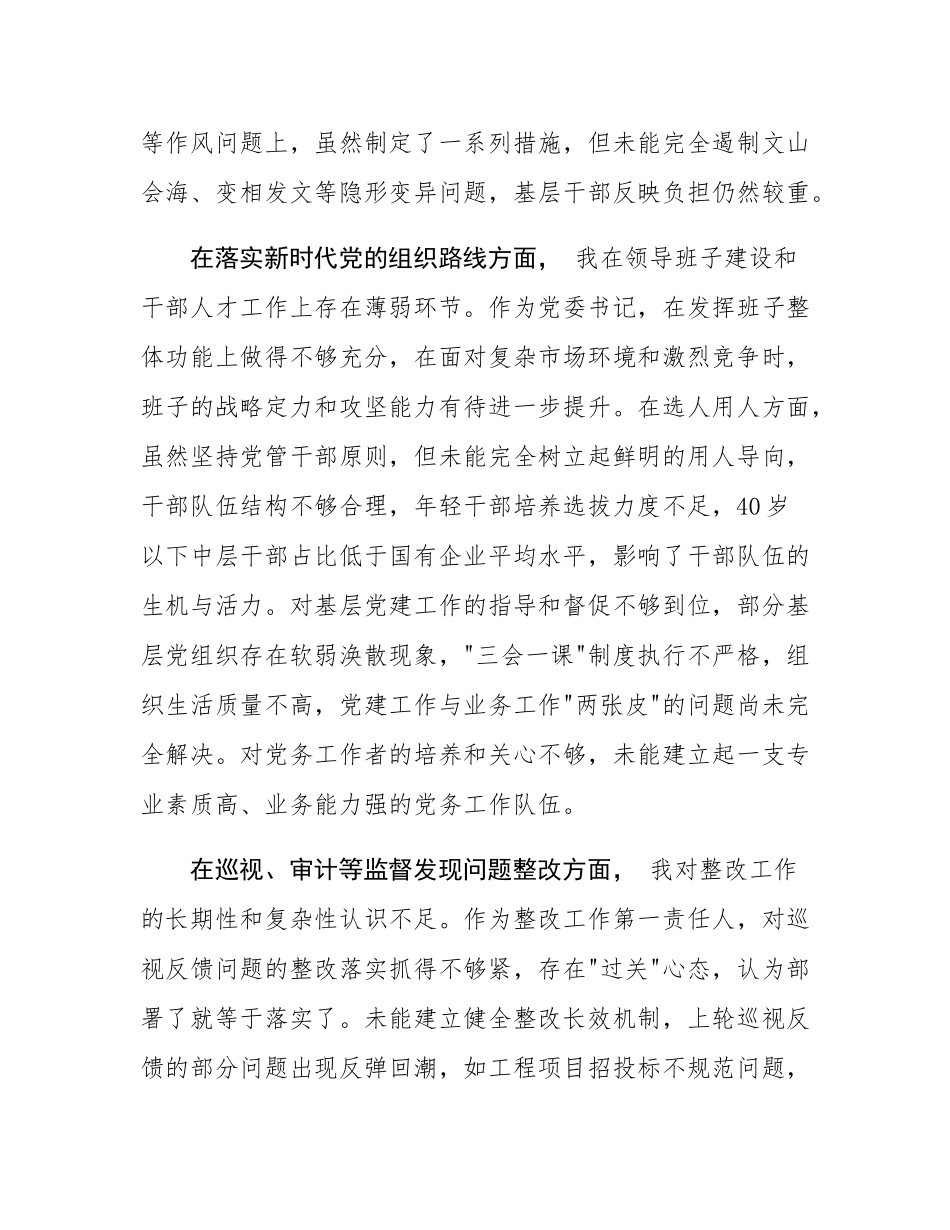 国企党委书记巡视反馈意见整改专题民主SH会对照检查材料.docx_第3页