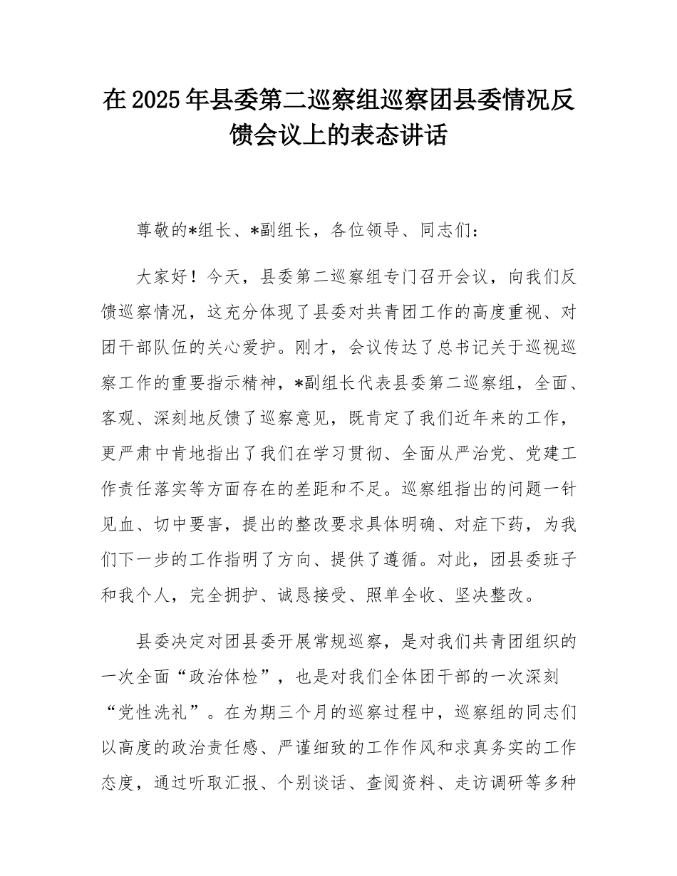 在2025年县委第二巡察组巡察团县委情况反馈会议上的表态讲话.docx_第1页