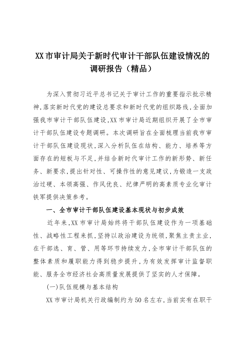 XX市审计局关于新时代审计干部队伍建设情况的调研报告（精品）.docx_第1页