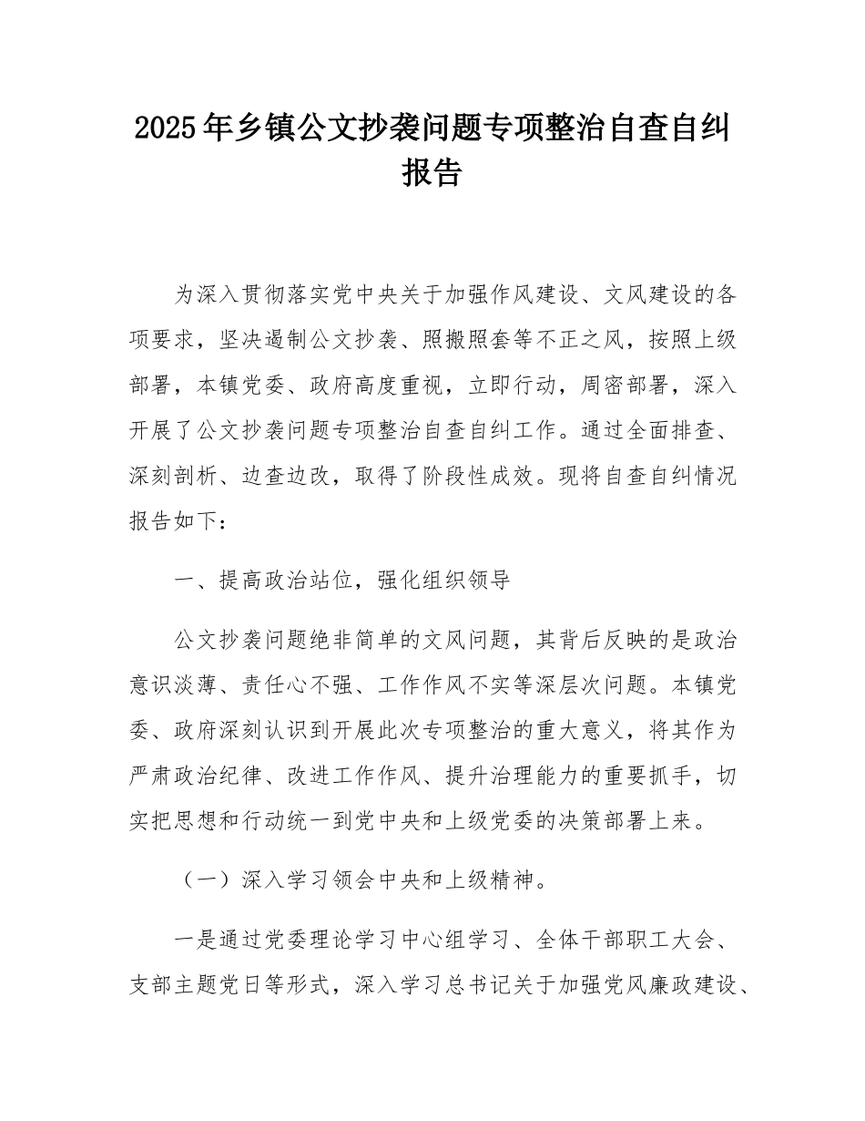 2025年乡镇公文抄袭问题专项整治自查自纠报告.docx_第1页