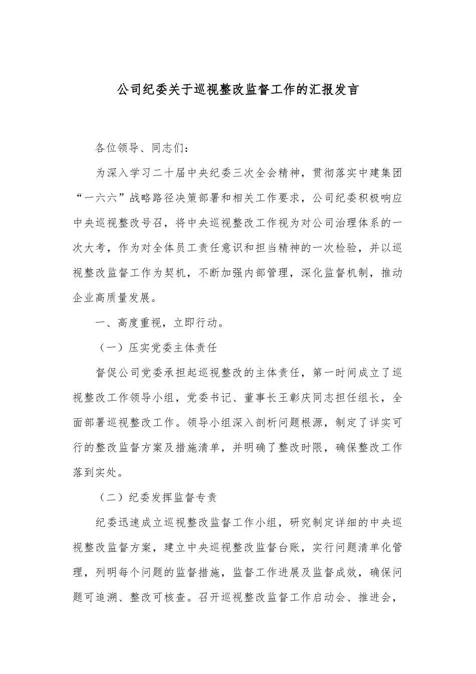 公司纪委关于巡视整改监督工作的汇报发言.docx_第1页