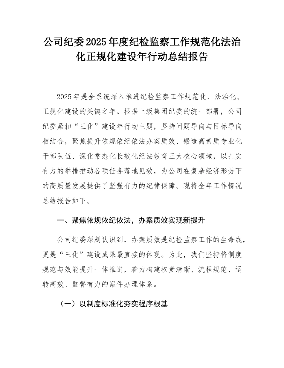公司纪委2025年度纪检监察工作规范化法治化正规化建设年行动总结报告.docx_第1页