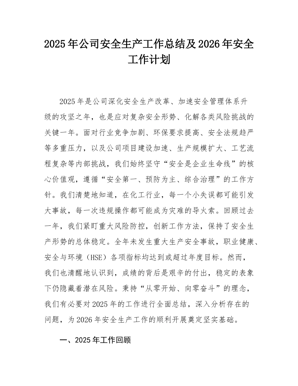 2025年公司安全生产工作总结及2026年安全工作计划.docx_第1页