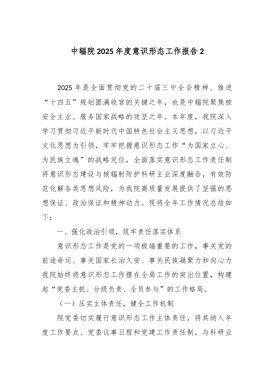中辐院2025年度意识形态工作报告2.docx_第1页