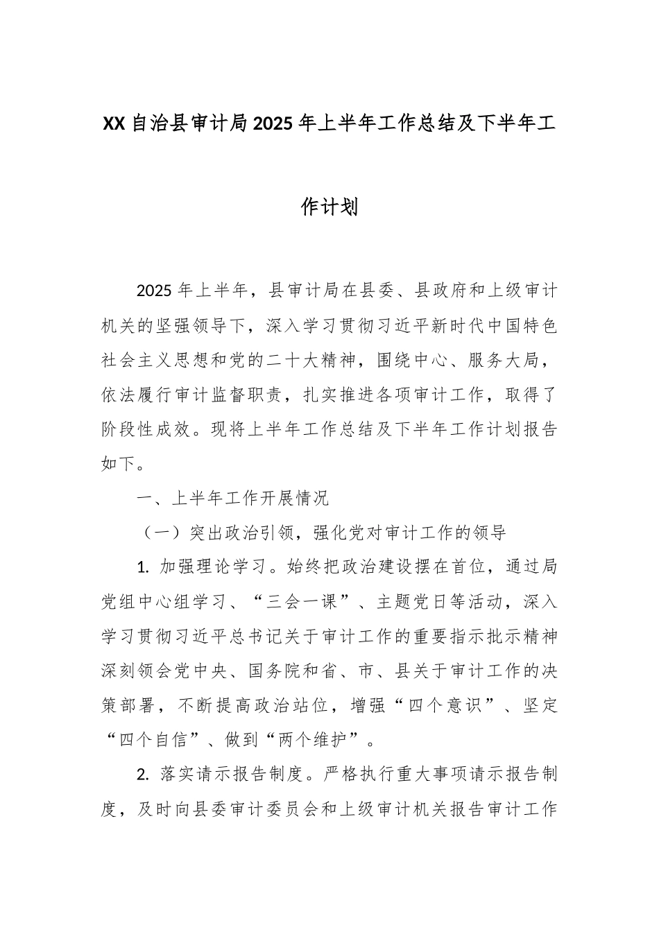 XX自治县审计局2025年上半年工作总结及下半年工作计划.docx_第1页