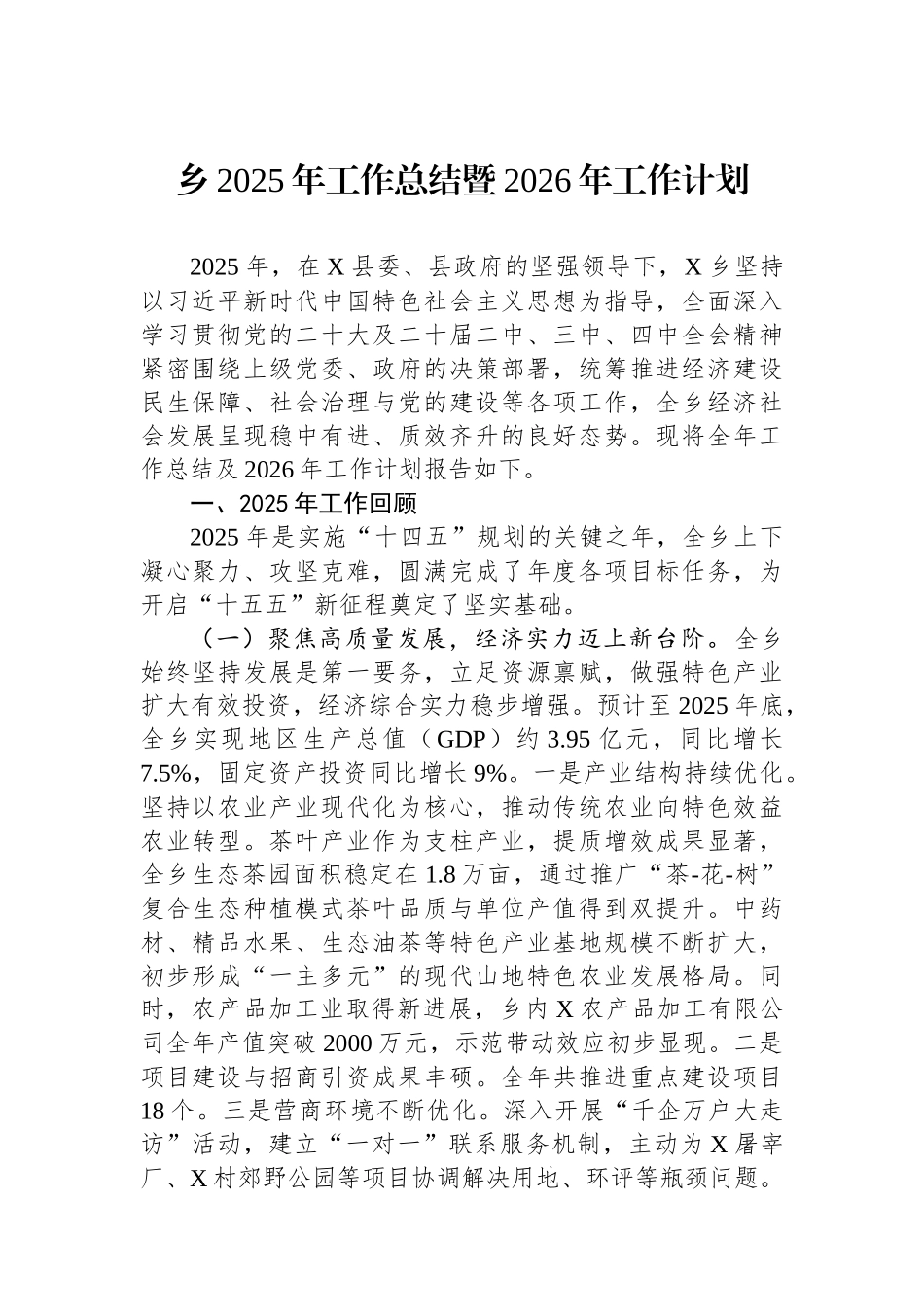 乡2025年工作总结暨2026年工作计划.docx_第1页
