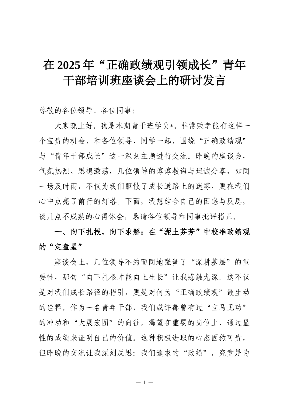 在2025年“正确政绩观引领成长”青年干部培训班座谈会上的研讨发言.doc_第1页