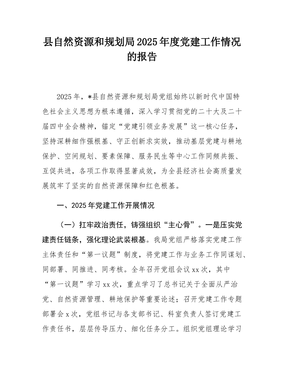 县自然资源和规划局2025年度党建工作情况的报告.docx_第1页