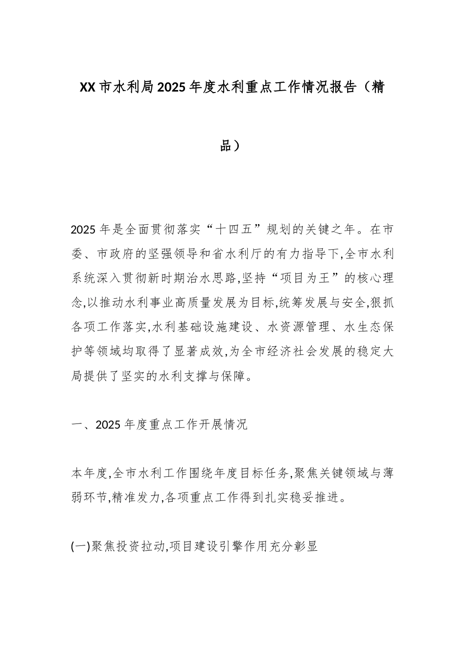 XX市水利局2025年度水利重点工作情况报告（精品）.docx_第1页