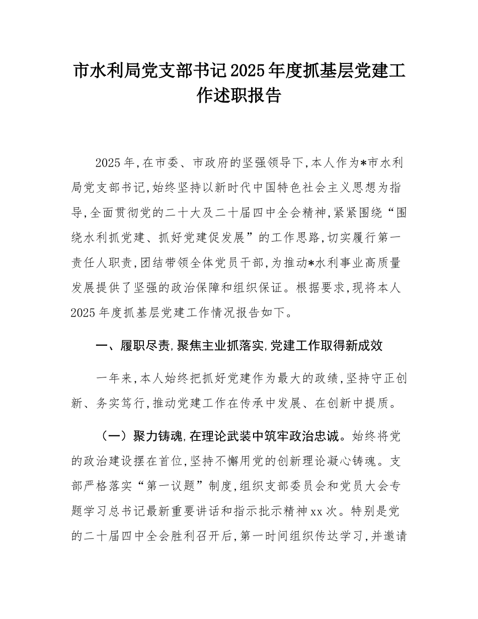 市水利局党支部书记2025年度抓基层党建工作述职报告.docx_第1页