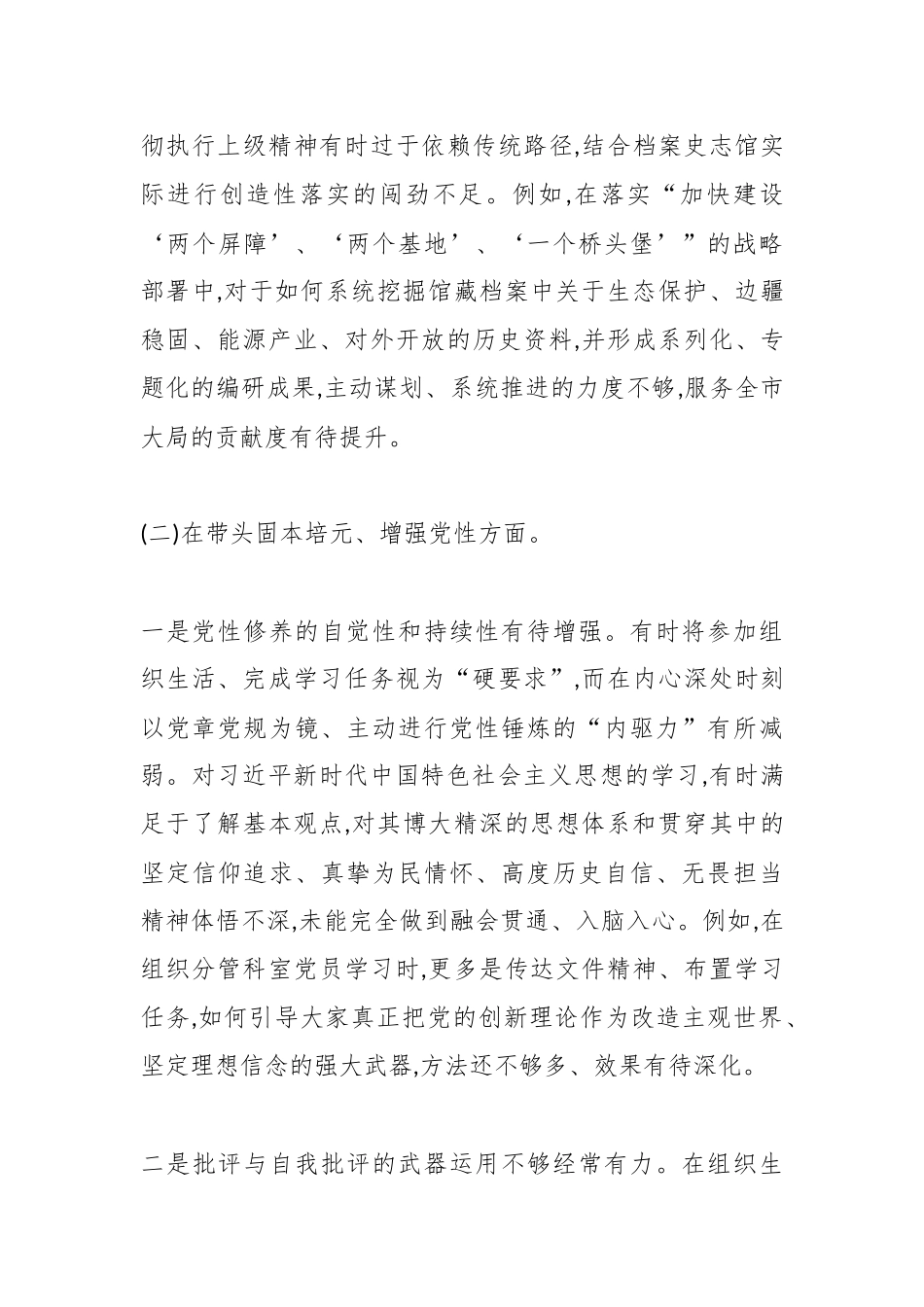 XX市档案史志馆副主任2025年度民主生活会个人发言提纲(五个带头).docx_第3页