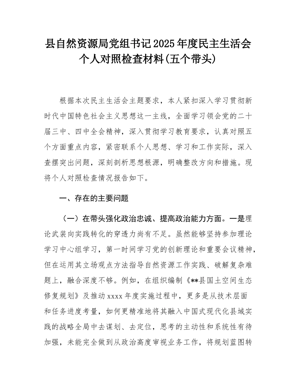 县自然资源局党组书记2025年度民主SH会个人对照检查材料(五个带头).docx_第1页